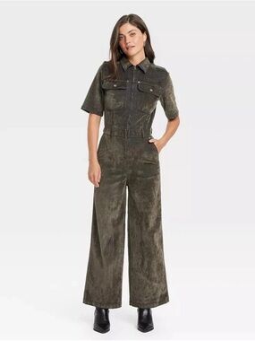 Universal Thread Short Sleeve Flocked Denim Jumpsuit, Olive Green, Sz 4, NWT